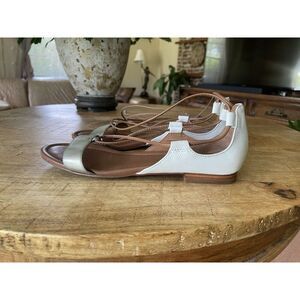 White House Black Market White Silver Lace Up Open Toe Strappy Flats Size 6 M